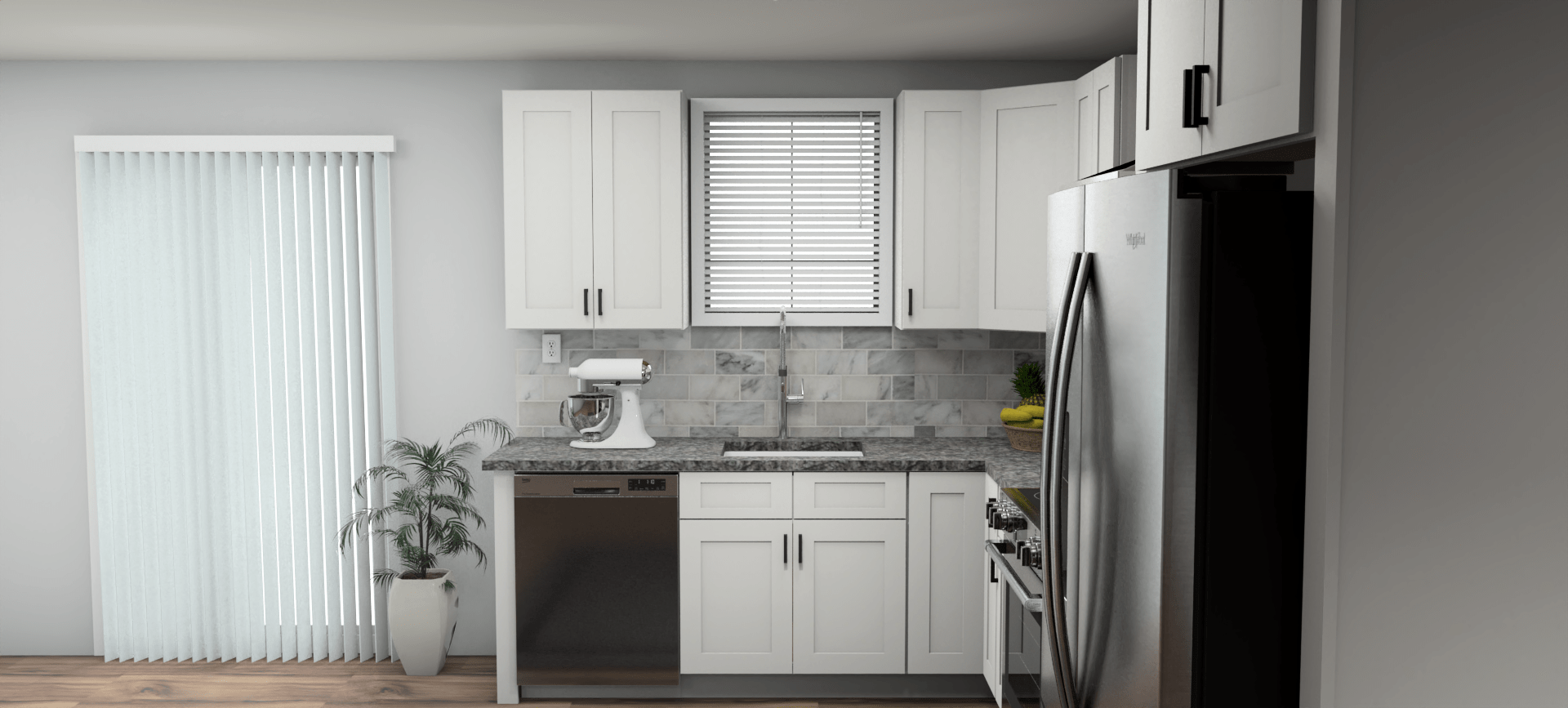 Fabuwood Allure Galaxy Frost 8 x 12 L Shaped Kitchen Side Layout Photo