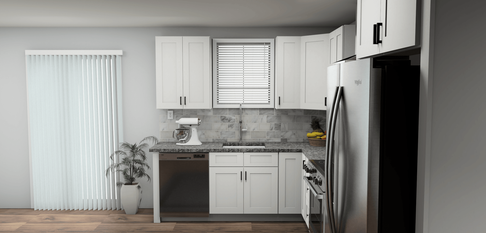 Fabuwood Allure Galaxy Frost 8 x 13 L Shaped Kitchen Side Layout Photo