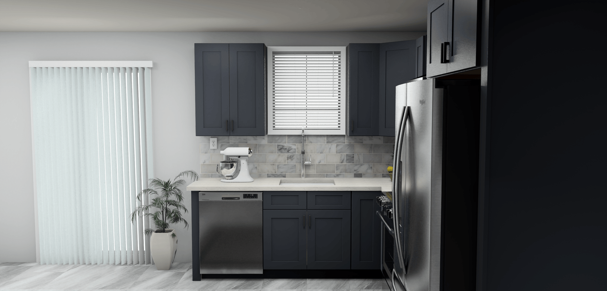 Fabuwood Allure Galaxy Indigo 8 x 11 L Shaped Kitchen Side Layout Photo
