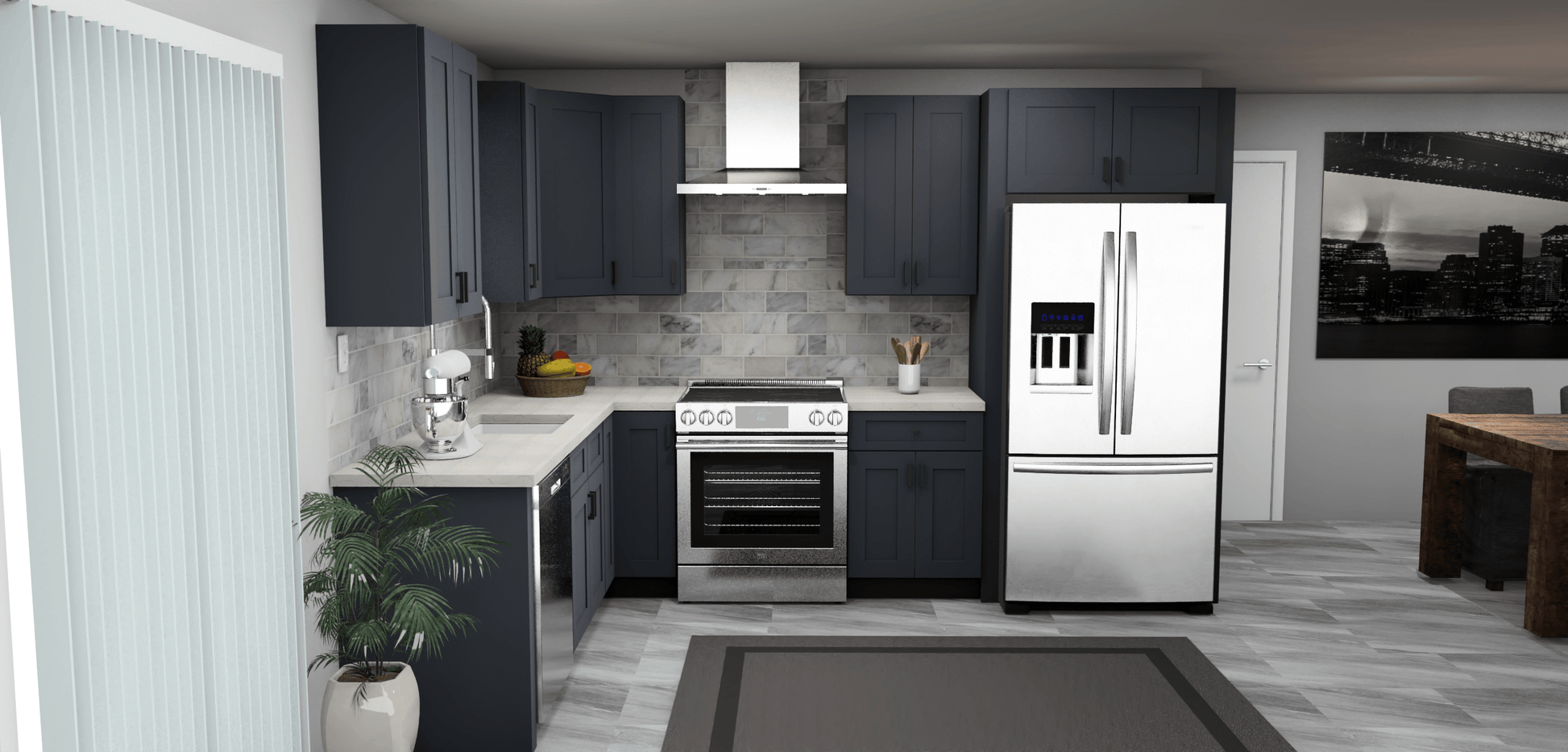 Fabuwood Allure Galaxy Indigo 8 x 11 L Shaped Kitchen Front Layout Photo