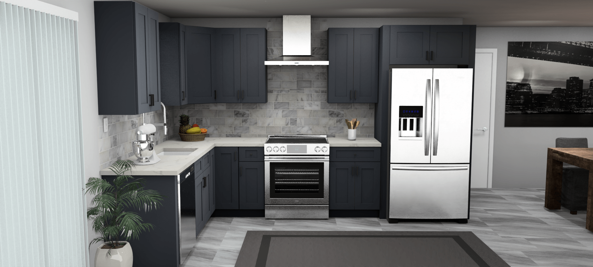 Fabuwood Allure Galaxy Indigo 8 x 12 L Shaped Kitchen Front Layout Photo