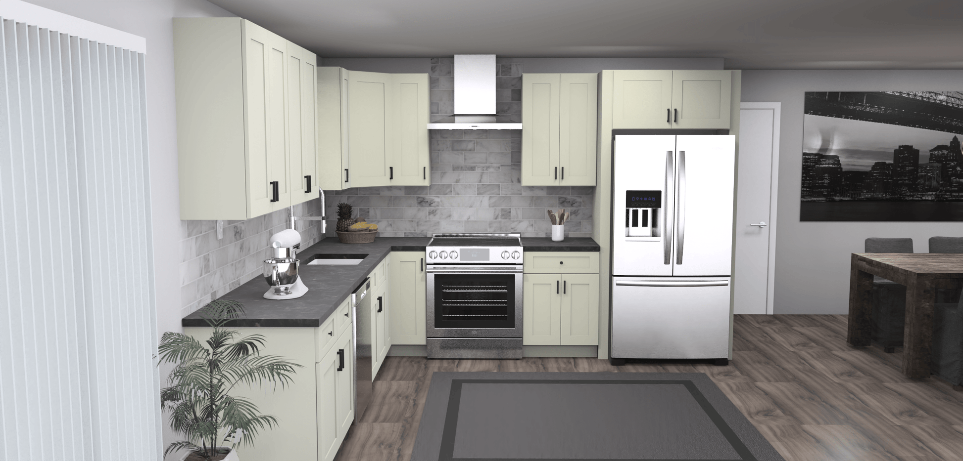 Fabuwood Allure Galaxy Linen 11 x 11 L Shaped Kitchen Front Layout Photo