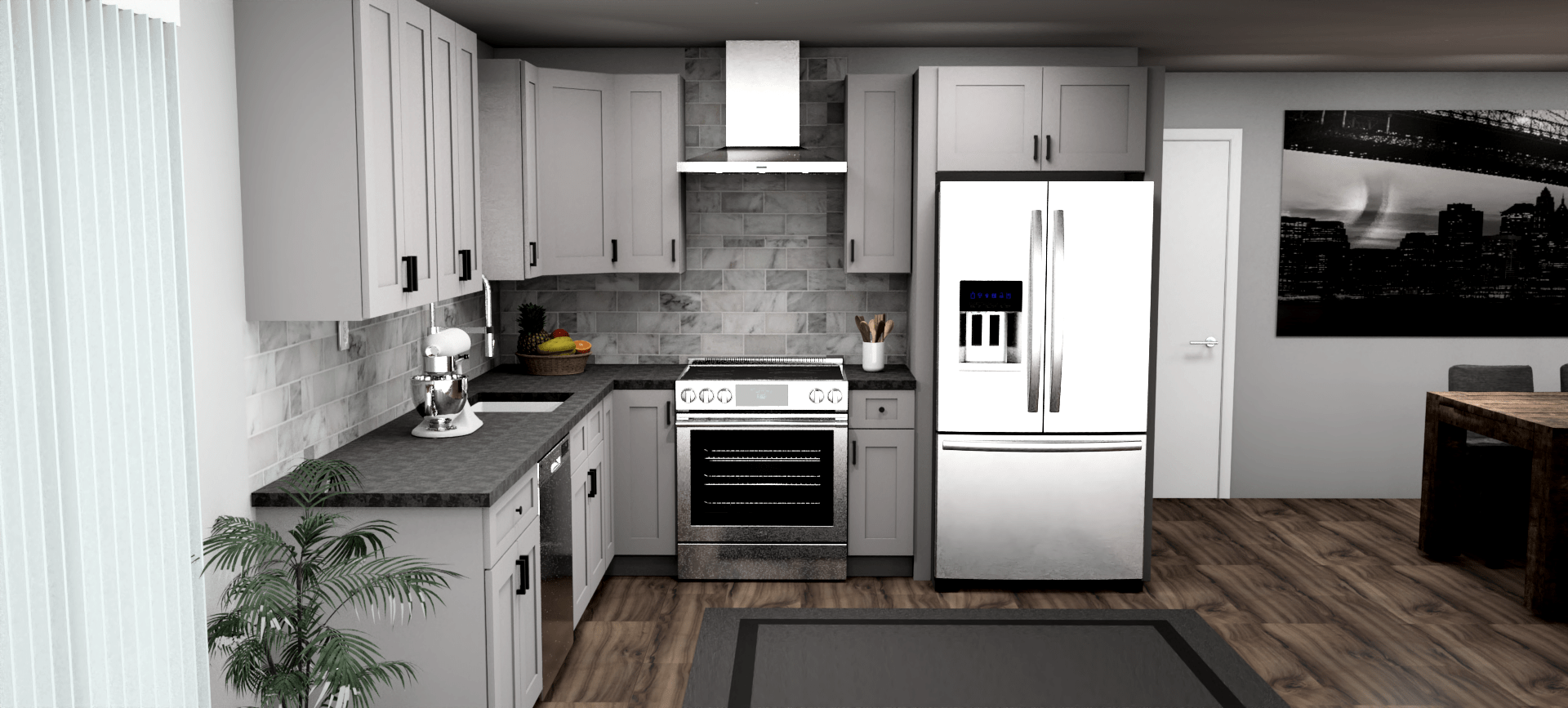 Fabuwood Allure Galaxy Nickel 10 x 10 L Shaped Kitchen Front Layout Photo