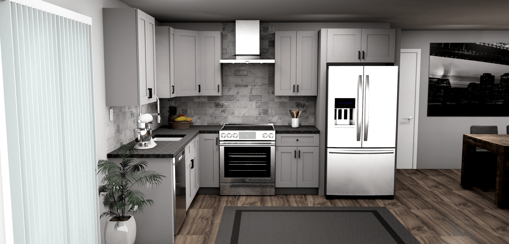 Fabuwood Allure Galaxy Nickel 8 x 11 L Shaped Kitchen Front Layout Photo