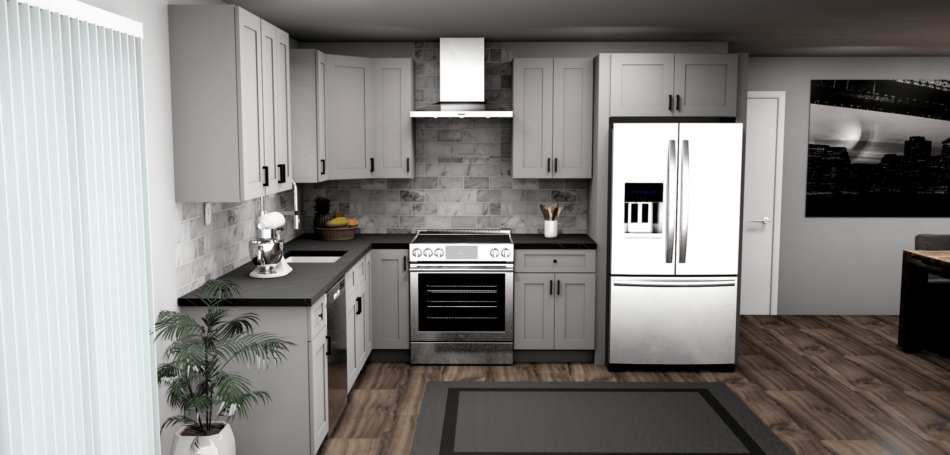 Fabuwood Allure Galaxy Nickel 9 x 11 L Shaped Kitchen Front Layout Photo