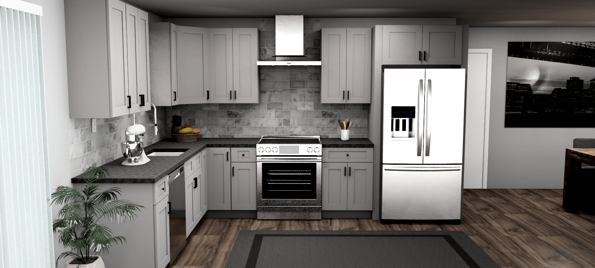 Fabuwood Allure Galaxy Nickel 9 x 12 L Shaped Kitchen Front Layout Photo