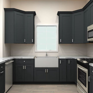 Fabuwood Allure Galaxy Pitch Black 87 by 115 by 72 in. U Shaped Kitchen and 33 in. Farmhouse Sink