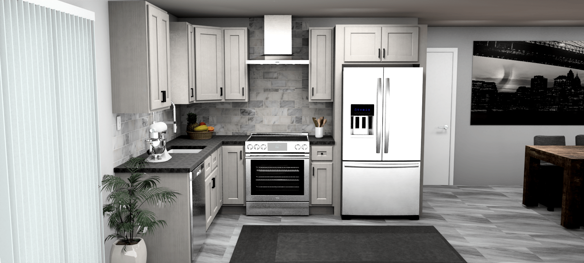 Fabuwood Quest Metro Mist 8 x 10 L Shaped Kitchen Front Layout Photo