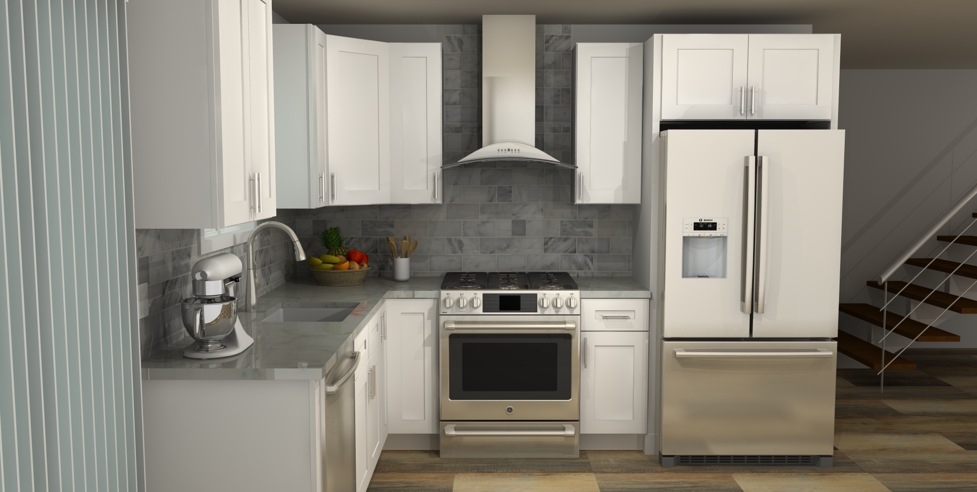LessCare Alpina White 8 x 10 L Shaped Kitchen Side Layout Photo