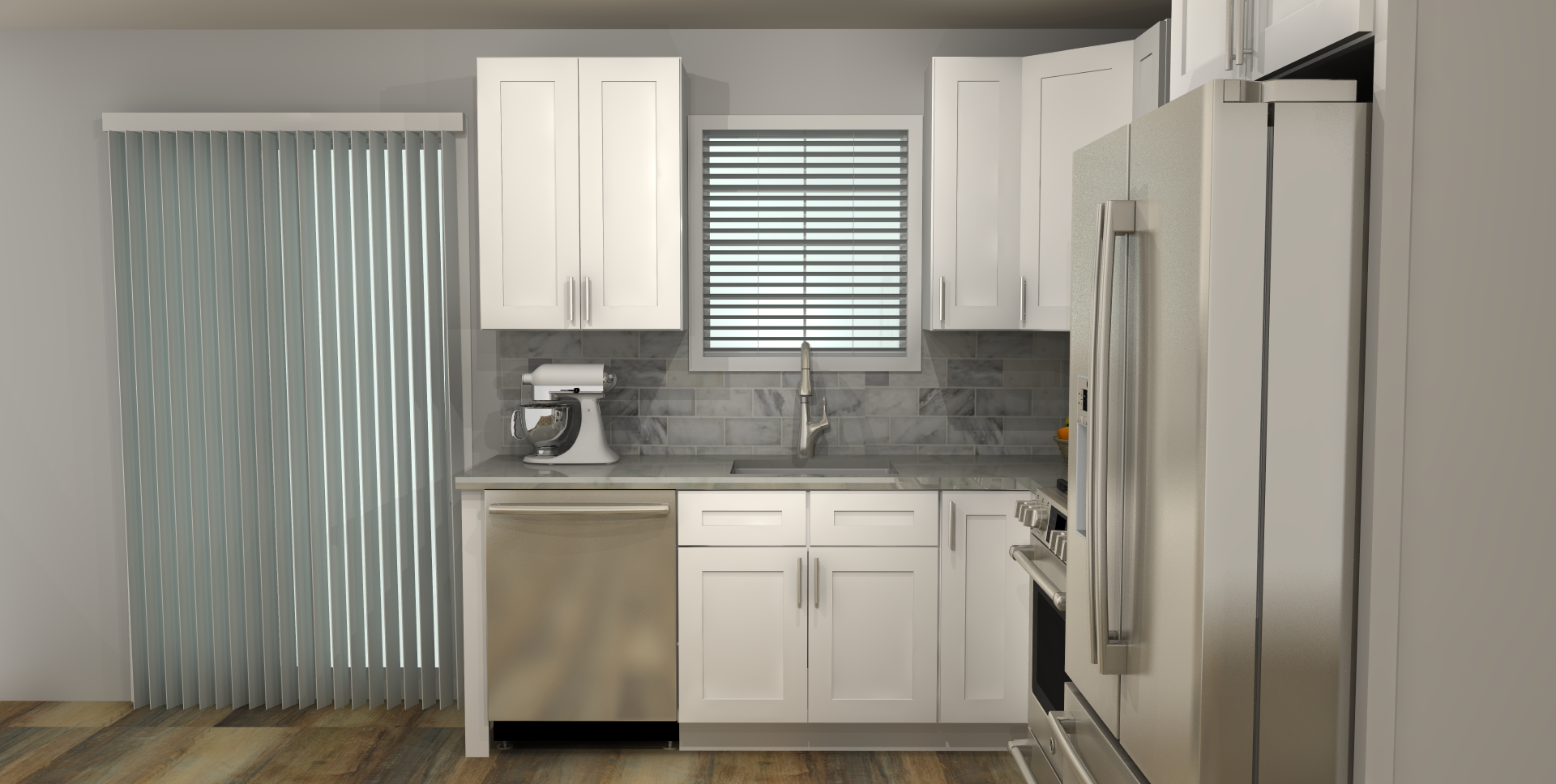 LessCare Alpina White 8 x 10 L Shaped Kitchen Front Layout Photo