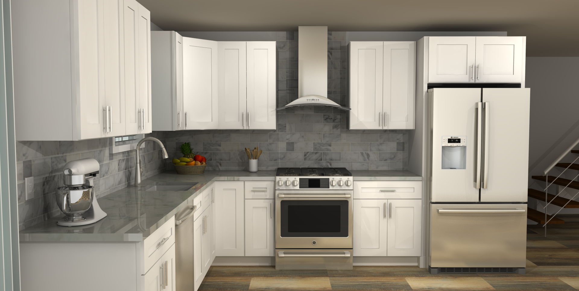 LessCare Alpina White 10 x 12 L Shaped Kitchen Side Layout Photo