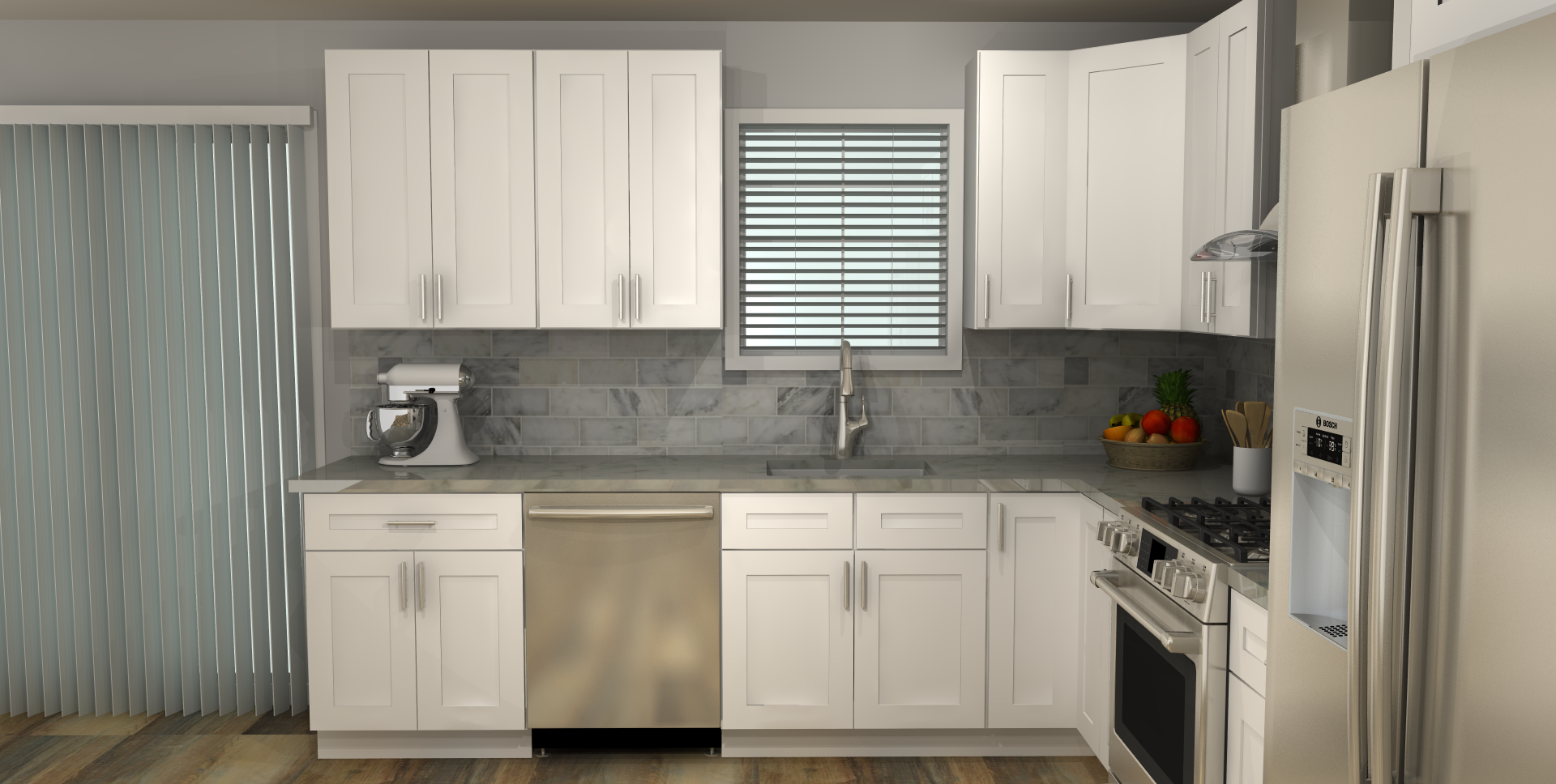 LessCare Alpina White 10 x 12 L Shaped Kitchen Front Layout Photo