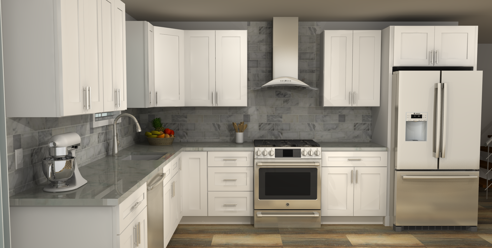 LessCare Alpina White 10 x 13 L Shaped Kitchen Side Layout Photo
