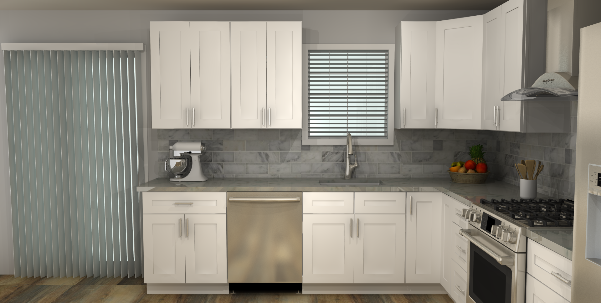 LessCare Alpina White 10 x 13 L Shaped Kitchen Front Layout Photo