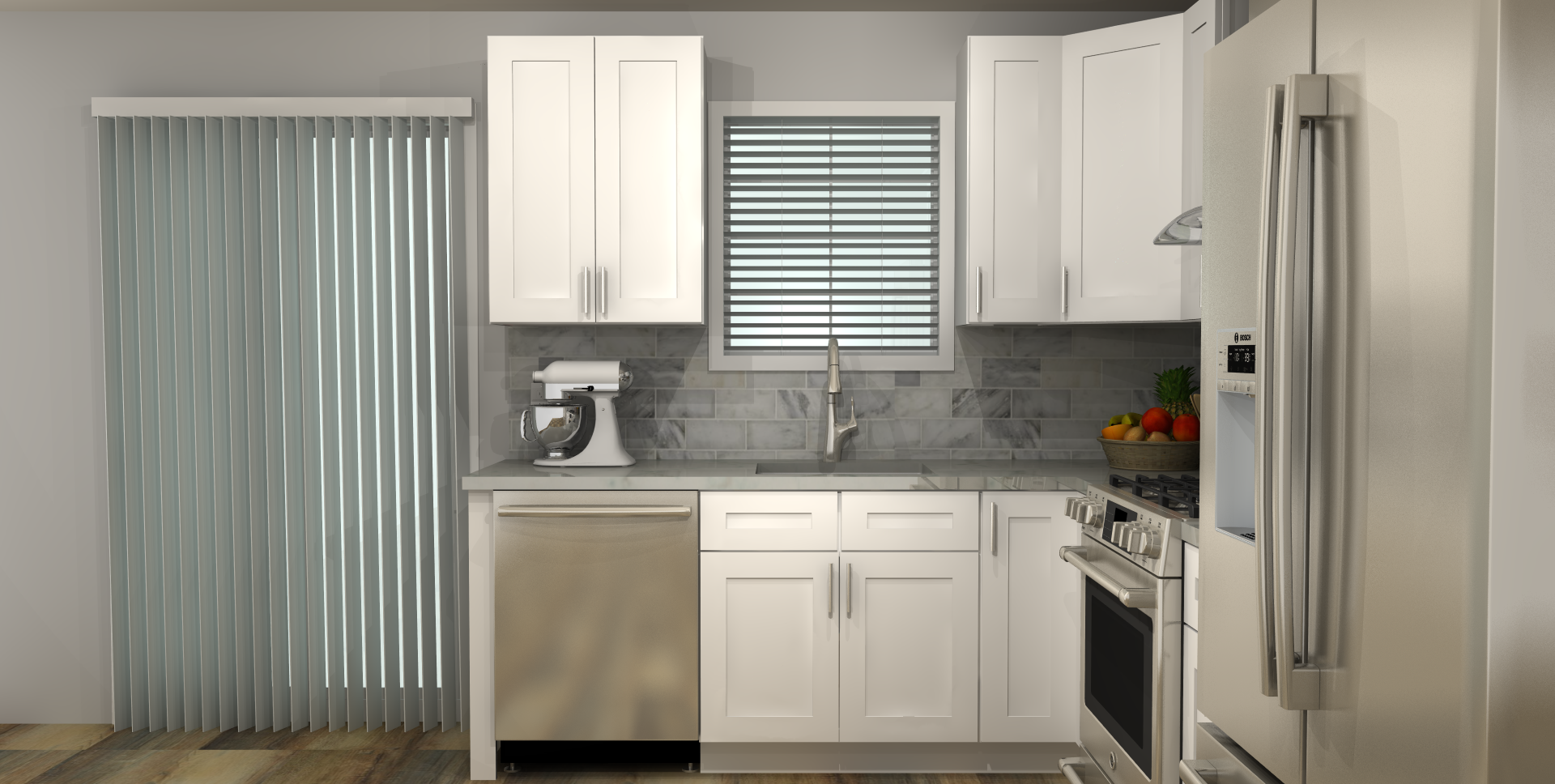 LessCare Alpina White 8 x 11 L Shaped Kitchen Front Layout Photo