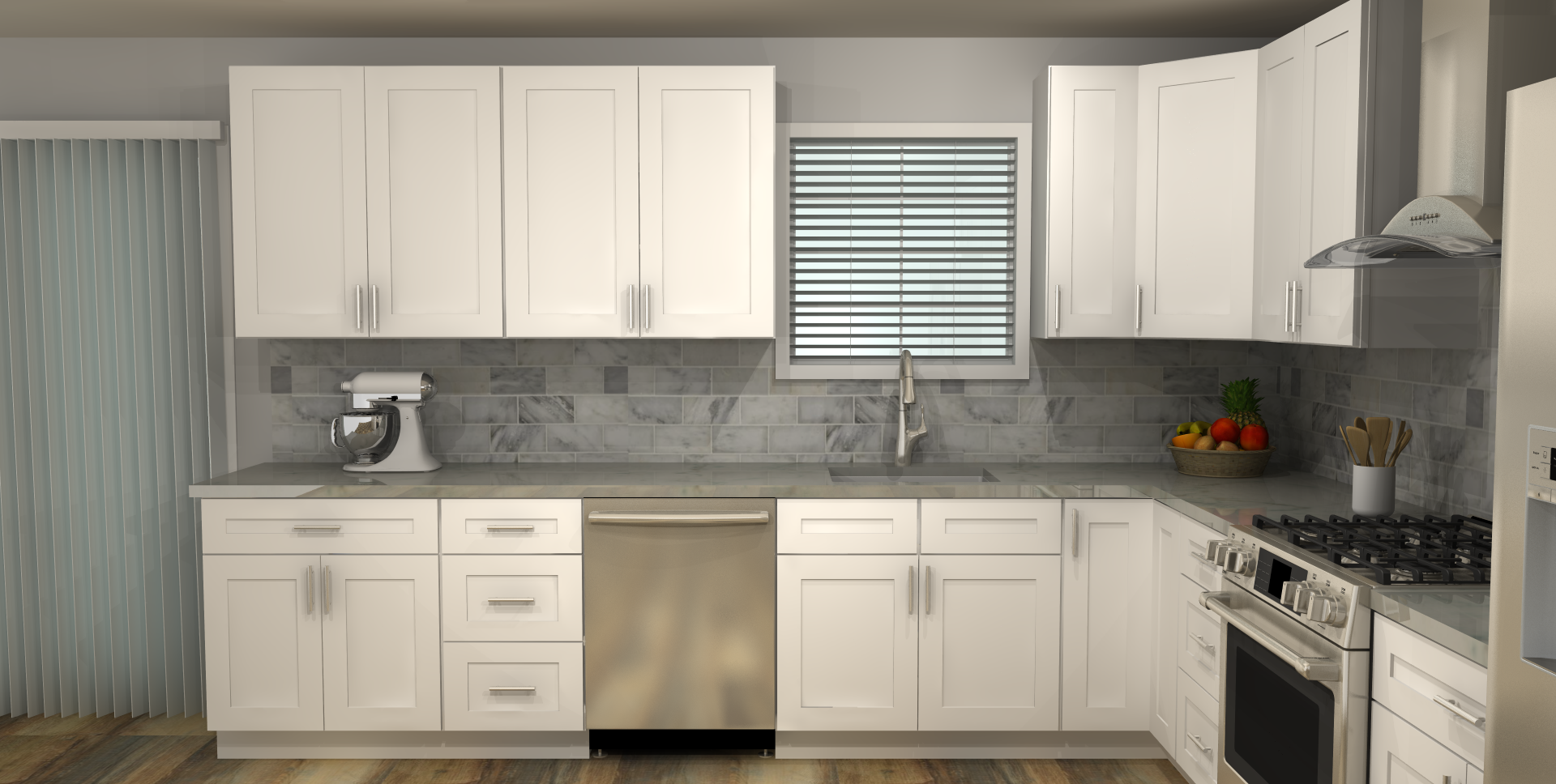 LessCare Alpina White 12 x 13 L Shaped Kitchen Front Layout Photo