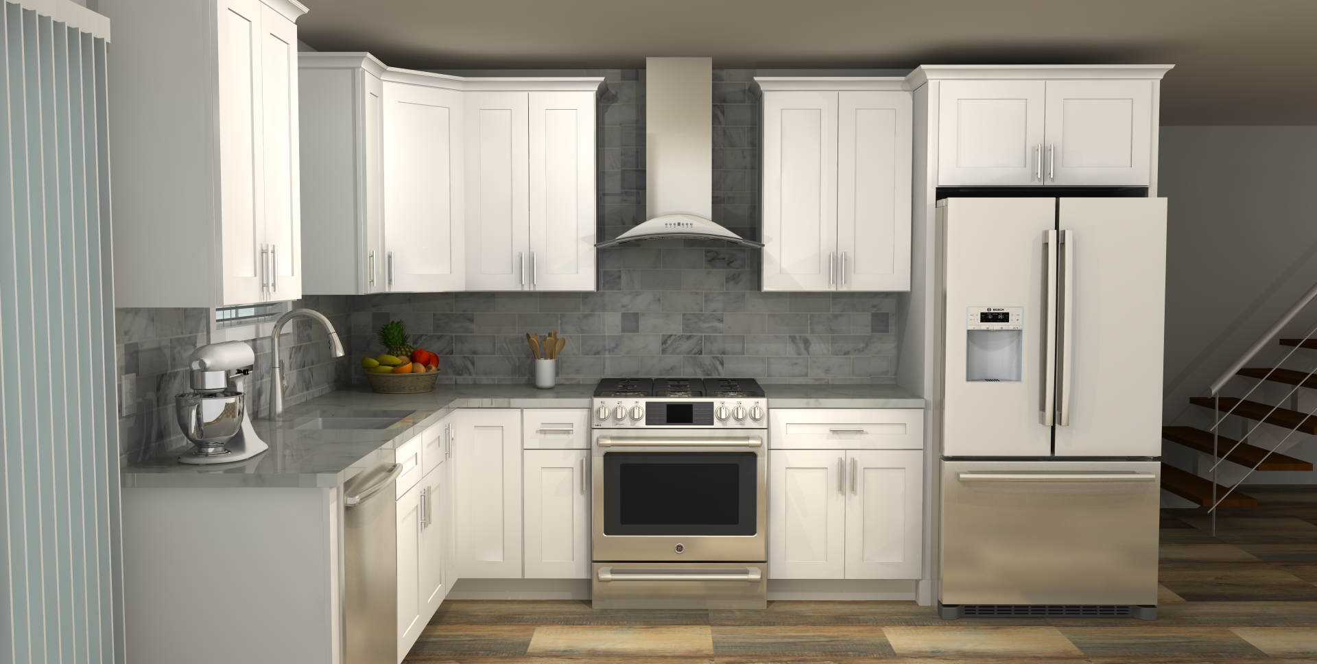 LessCare Alpina White 8 x 12 L Shaped Kitchen Side Layout Photo