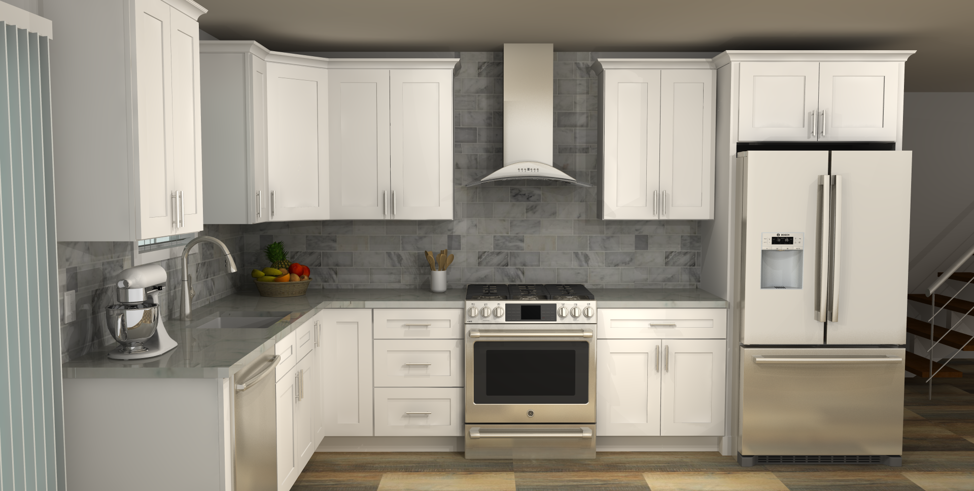 LessCare Alpina White 8 x 13 L Shaped Kitchen Side Layout Photo