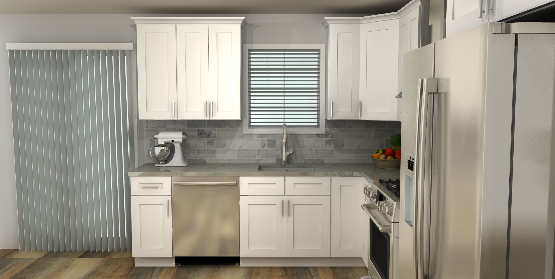 LessCare Alpina White 9 x 12 L Shaped Kitchen Front Layout Photo
